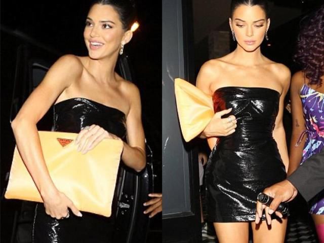 维密肯豆紧身抹胸裙都穿不满，不停用手去提，脚上7000多的鞋抢镜