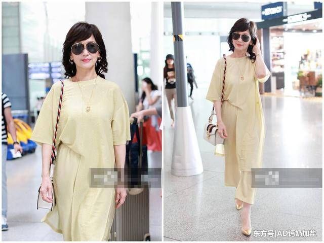 64岁赵雅芝鹅黄色look扮嫩，长衫阔腿裤优雅，网友:真减龄