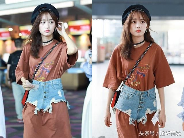 黄婷婷穿T恤裙现机场，居然在腰套了条牛仔短裤，网友：彻底服了
