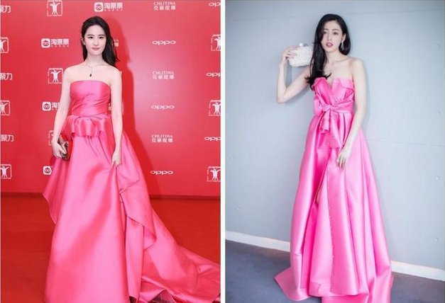 张天爱和刘亦菲同穿粉色礼服,张天爱胸前故意开叉,结果却惨败