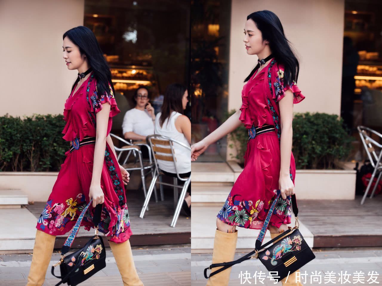 姚晨穿印花裙出街，脚却穿了双过膝长靴，网友：你是冷还是热啊？