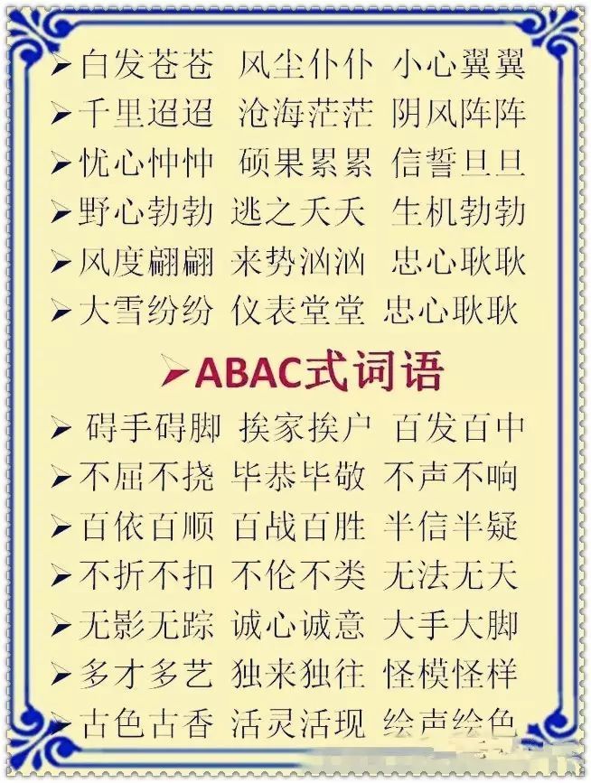 小学1-6年级语文成语分类:ABB+AABC+