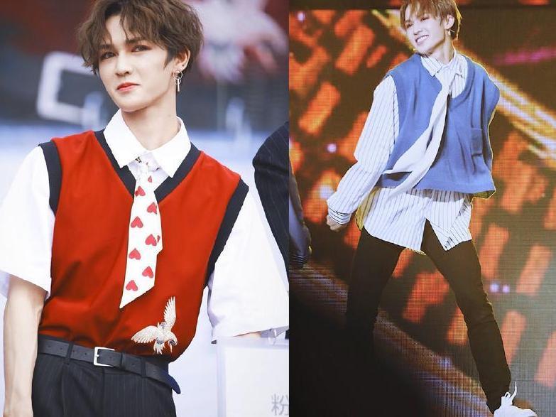 朱正廷穿针织背心, 吃棒棒糖背小书包, 网友评论: 幼稚鬼!