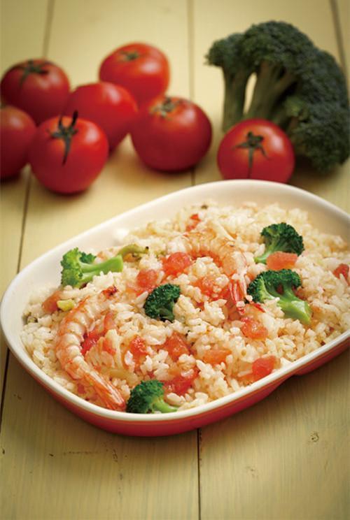 金银豆腐包, 西红柿鲜虾饭, 芹菜炒香干, 木瓜凤