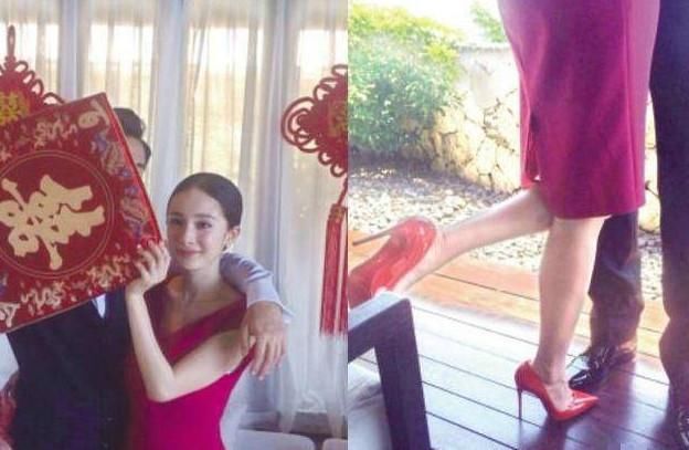 杨幂的婚鞋是大红色的,昆凌的婚鞋是水钻鱼口