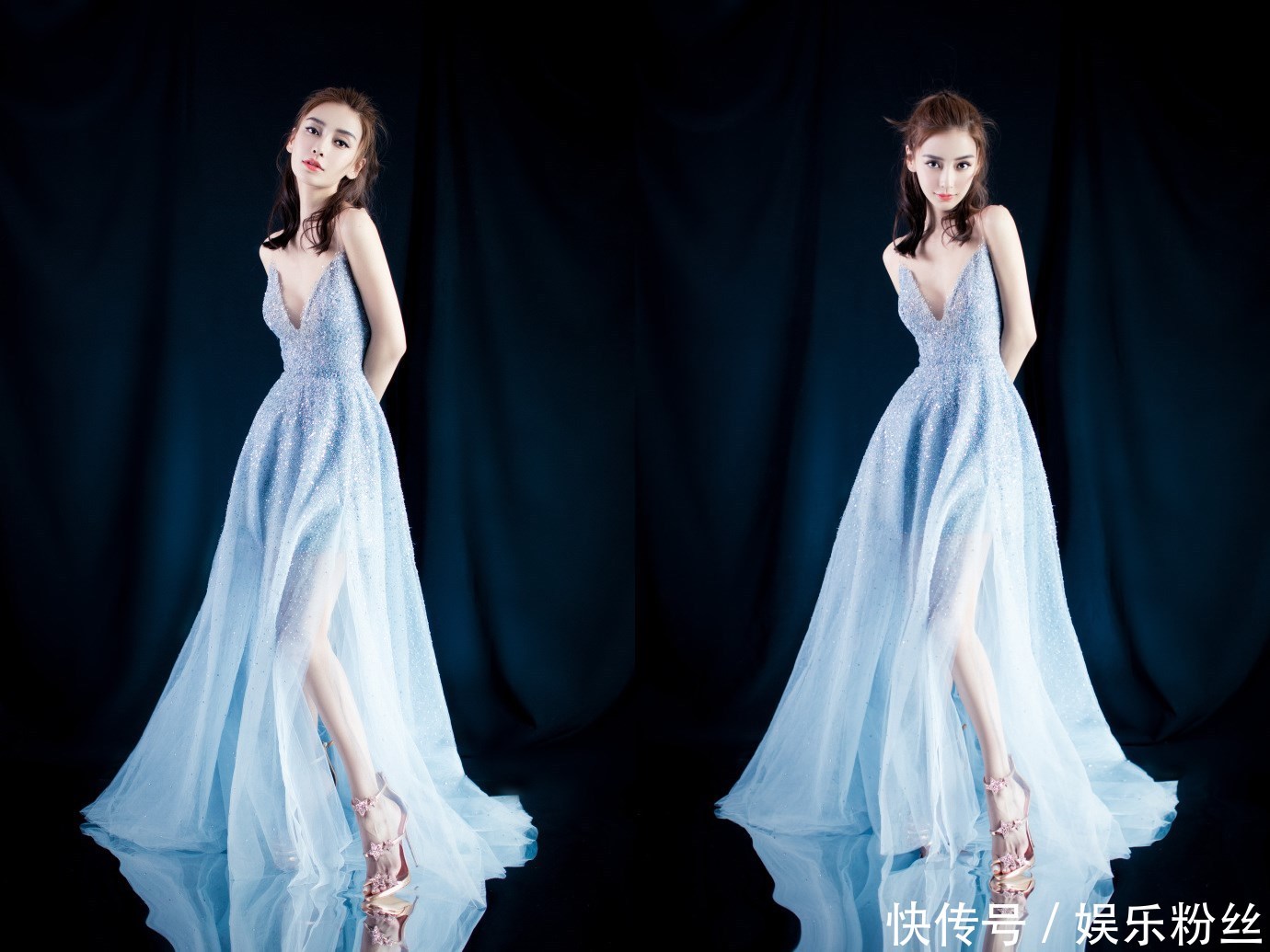 杨颖穿蓝色连衣裙好惊艳，大秀混血美，网友：身材真好！