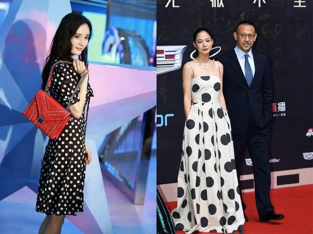 31岁杨幂与39岁周韵同穿波点连衣裙，网红脸和高级脸差别一目了然