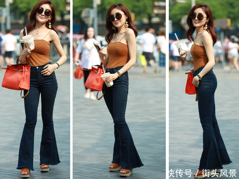 傲人身材的颜值美女，穿紧身喇叭裤显高显瘦显身材！