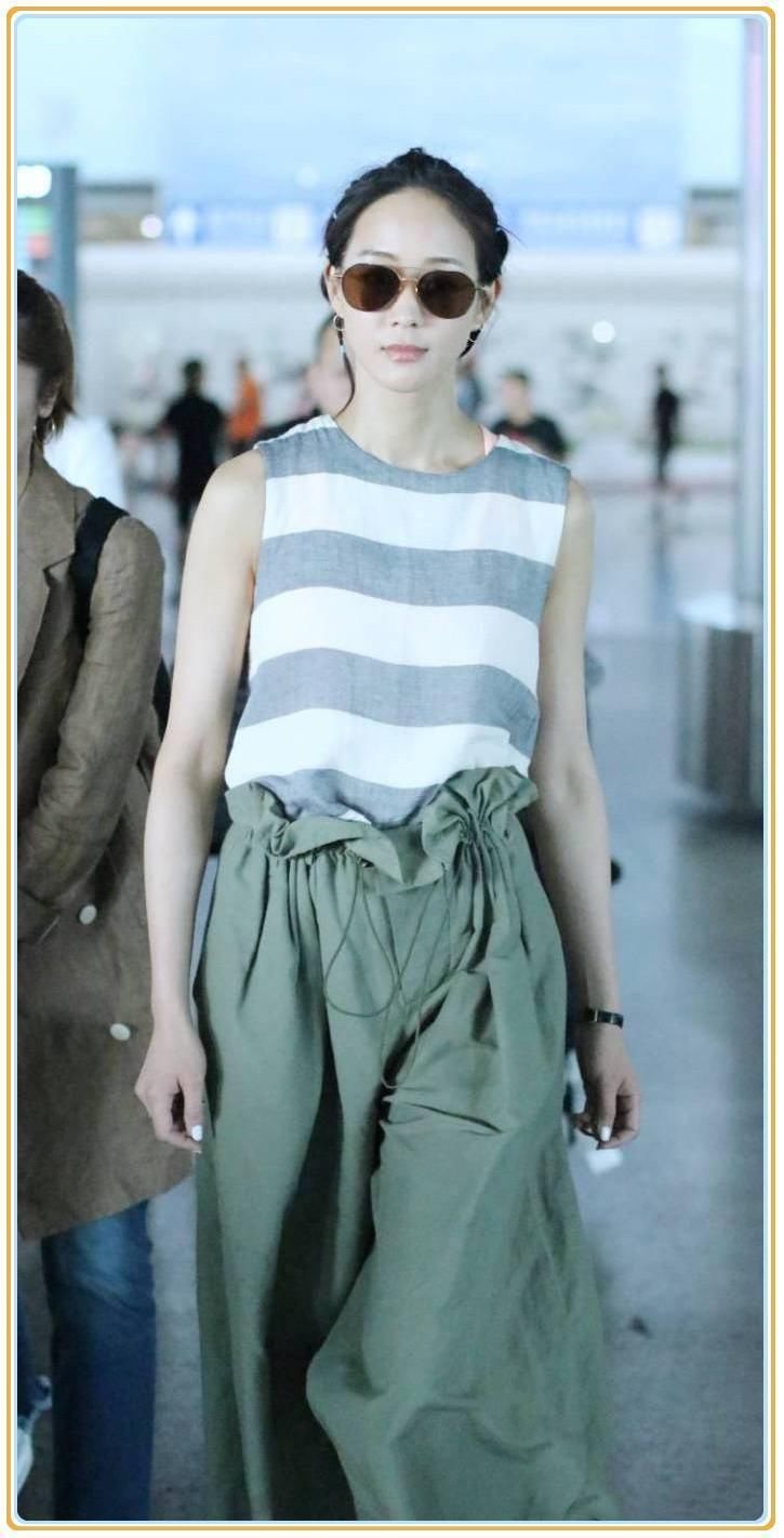 当168张钧宁和178何穗同穿绿色阔腿裤，才知道超模腿真的不好惹