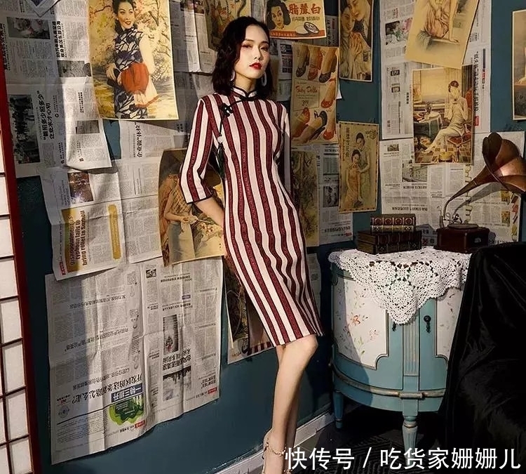 「条纹」显瘦的竖条纹旗袍, 这样穿显瘦显高, 轻松变美!