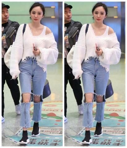 杨幂竟然把家里的烂裤子也穿了出来，网友：好像给她剪掉一块！