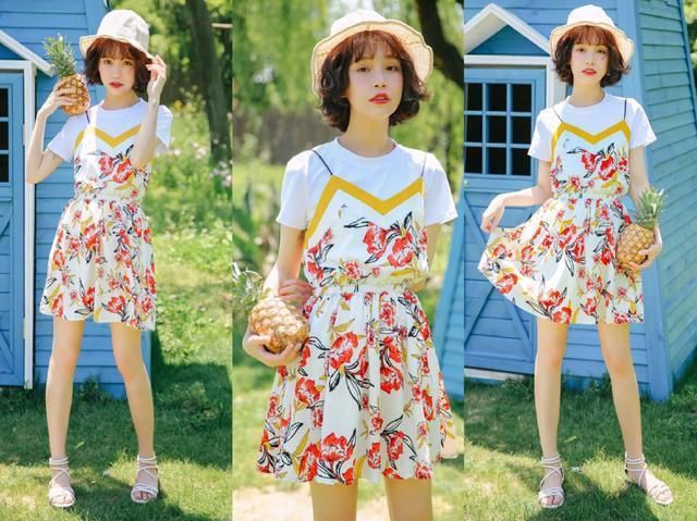 碎花吊带连衣裙+凉鞋or拖鞋，简单又清凉，时髦的人都在这样穿！