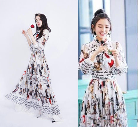 一条印花裙撞衫三人，迪丽热巴完胜，印花裙女神非她莫属!