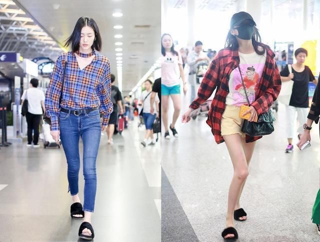 178的刘雯和173的关晓彤，同穿拖鞋走机场，气质差距却不止5厘米