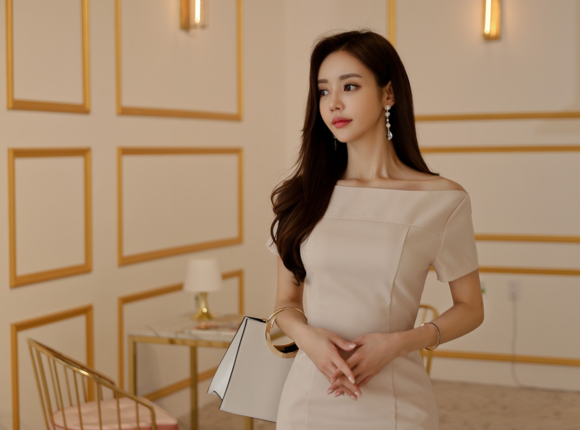 女神孙允珠，苦杏白果淡色立体森系连衣裙