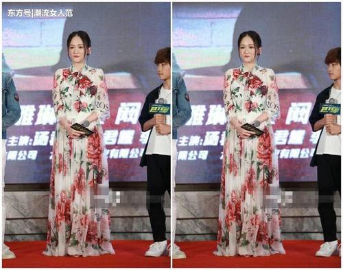 陈乔恩迪丽热巴同穿印花长裙，谁胖谁尴尬，14斤的差距一目了然