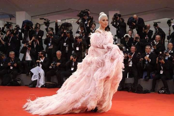 155的LadyGaga全身插满粉色羽毛远赴威尼斯，自己从美国飞来的?