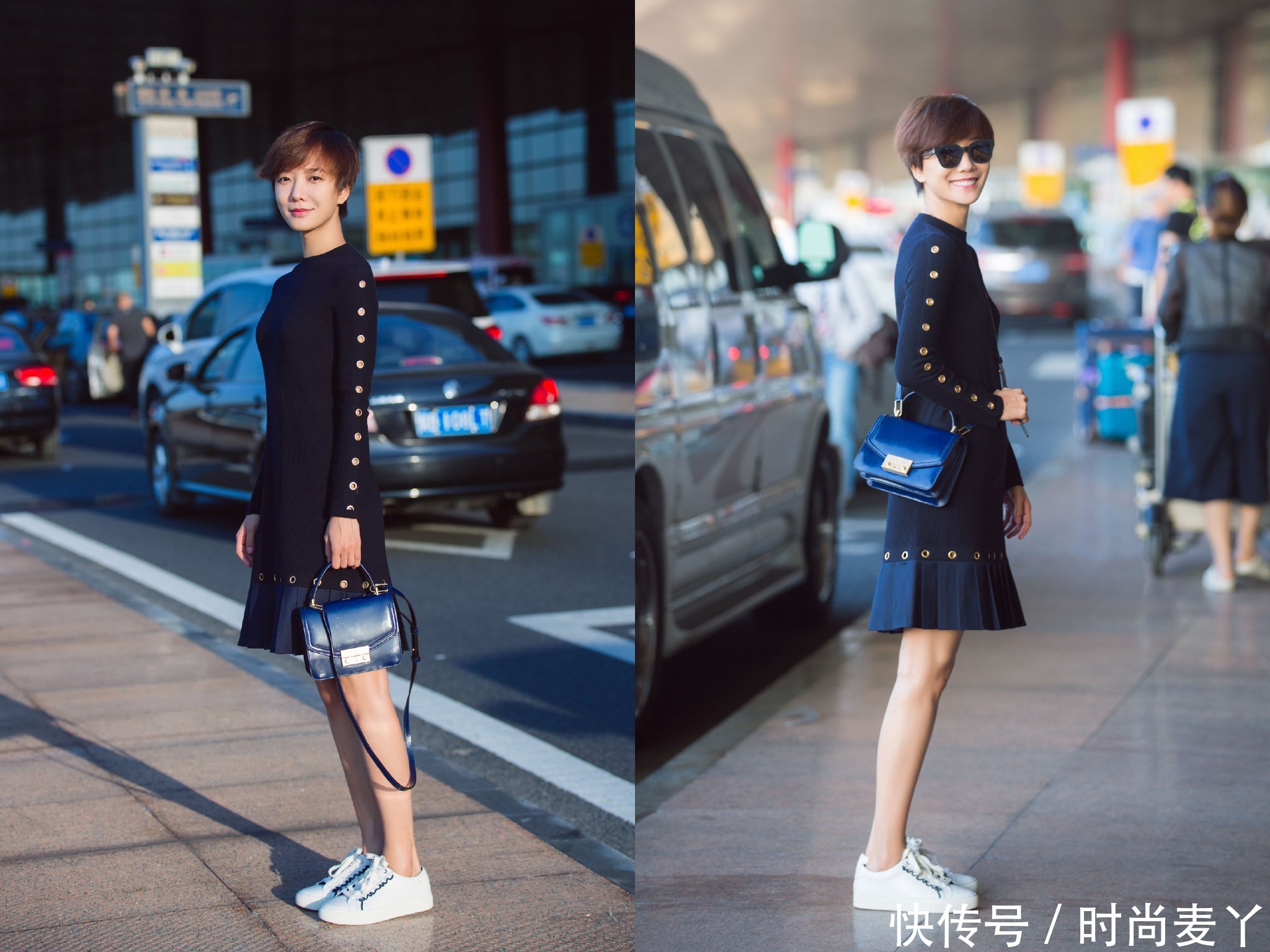 王珞丹穿健身裤去机场，转身的瞬间好尴尬，网友：哎，上衣太短了