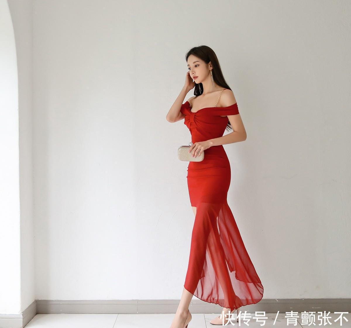  红色：孙允珠-瑰丽浪漫殷红吊肩礼裙鉴赏