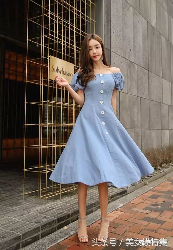 浪漫情人孙允珠，清新一字肩女神装连衣裙