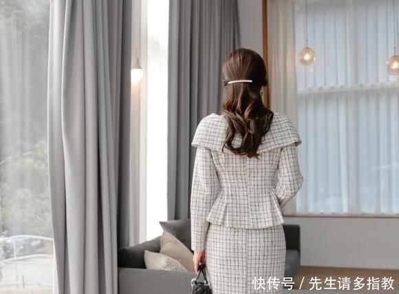【朦胧】孙允珠:灰调朦胧网格燕尾职业西装裙写真