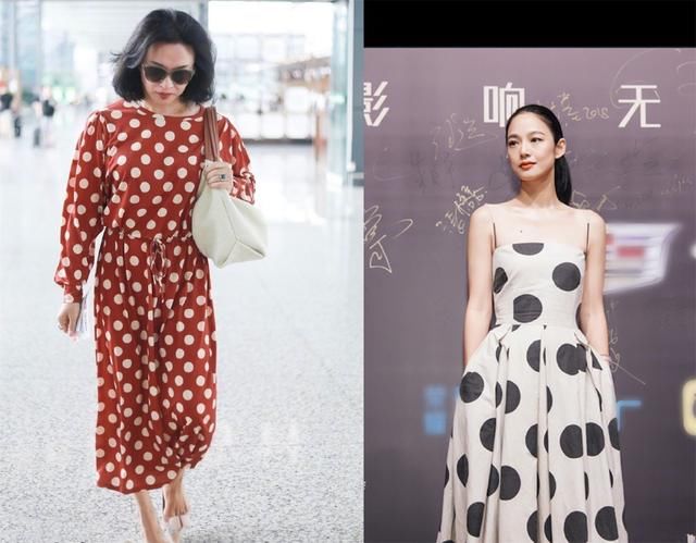 50岁金星与39岁周韵同穿波点裙，一个风韵十足，一个一言难尽