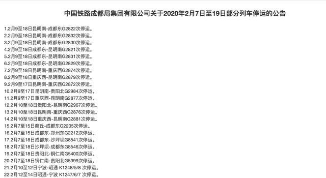  昆明南■中国铁路成都局：2020年2月7日至19日部分列车采取停运