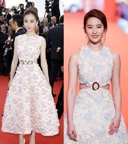 Angelababy与刘亦菲7次撞衫，天仙该减肥了，腰部赘肉简直了