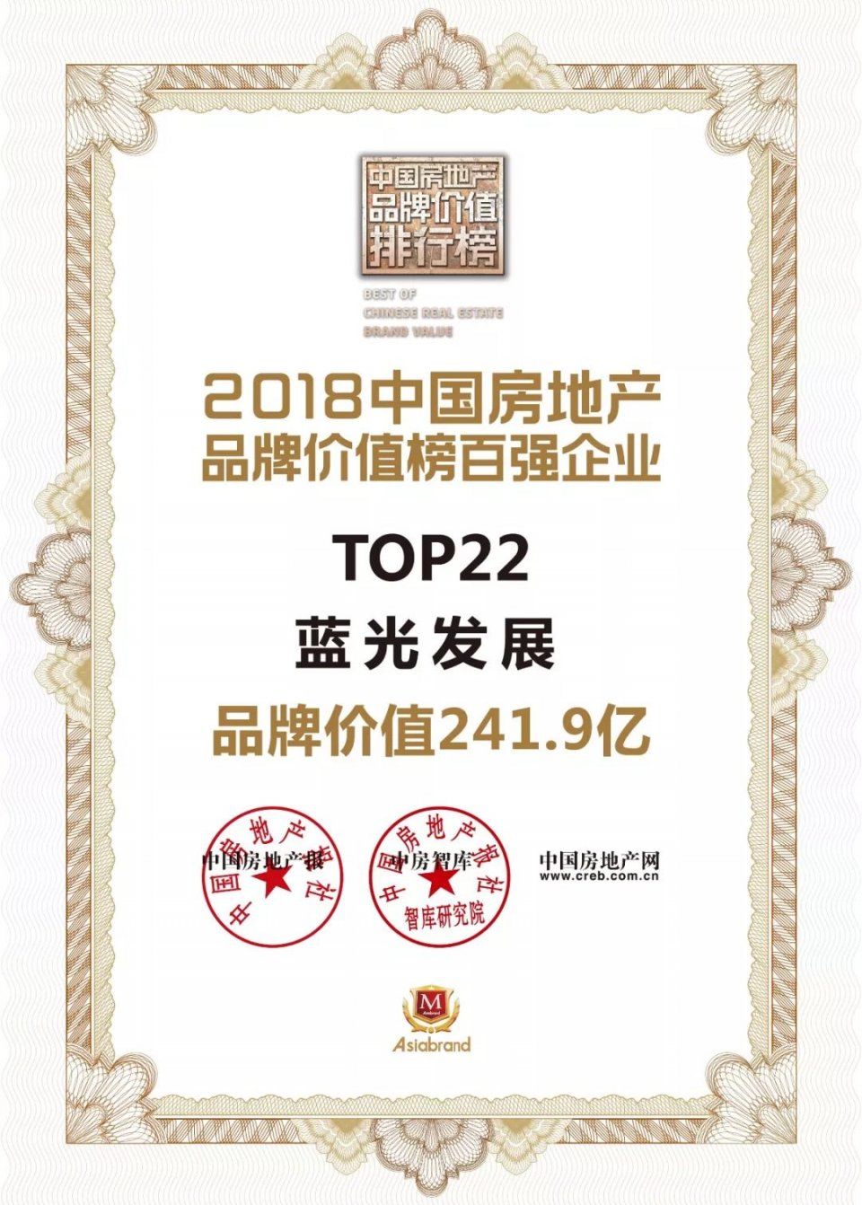 蓝光发展上榜 2018中国房地产品牌价值榜 位列