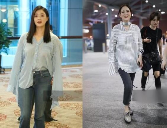 106斤陈乔恩与110斤蒋欣同穿条纹衫，才知道微胖和丰腴差距有多大