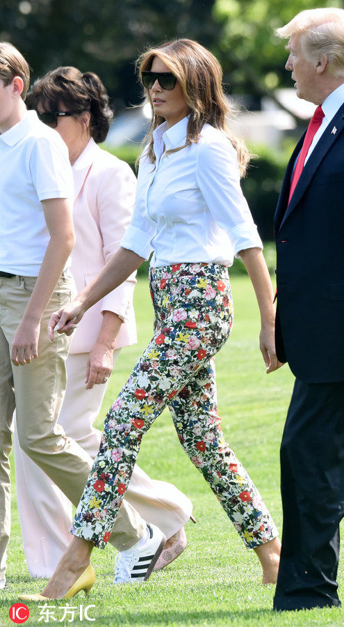 美第一夫人梅拉尼娅出行秀时尚 印花裤子分外抢眼