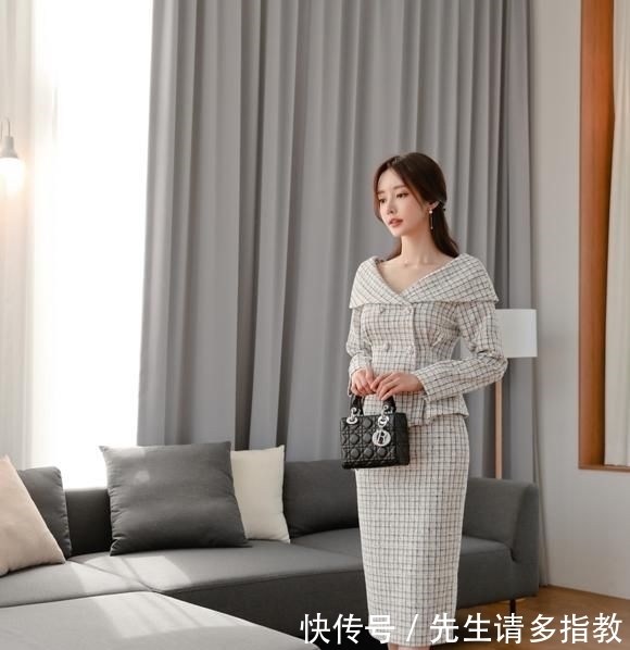 【朦胧】孙允珠:灰调朦胧网格燕尾职业西装裙写真