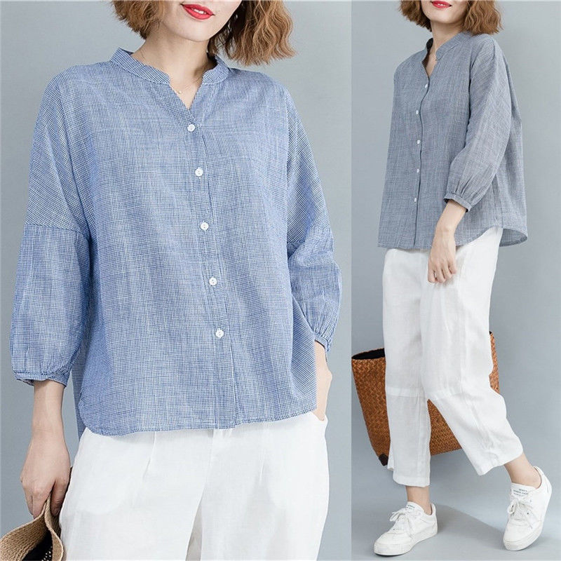 金秋老婆穿这样一件宽松文艺棉麻衫洋气显瘦，比真丝裙好看多了