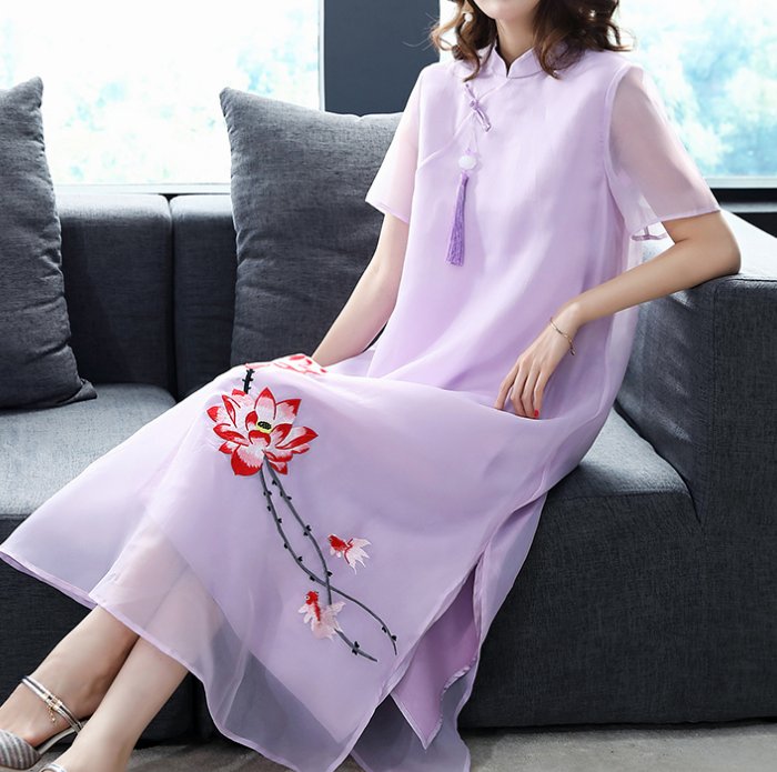 比旗袍还高级的中国风欧根纱连衣裙,优雅唯美,适合微胖70女人