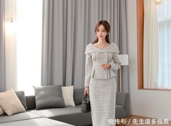  【朦胧】孙允珠：灰调朦胧网格燕尾职业西装裙写真