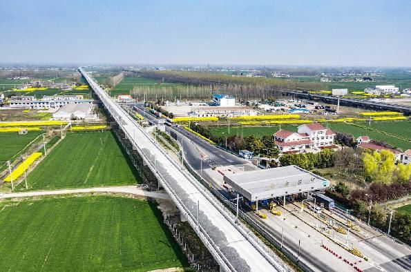 航拍连淮扬镇铁路，像一条巨龙横卧在花海中