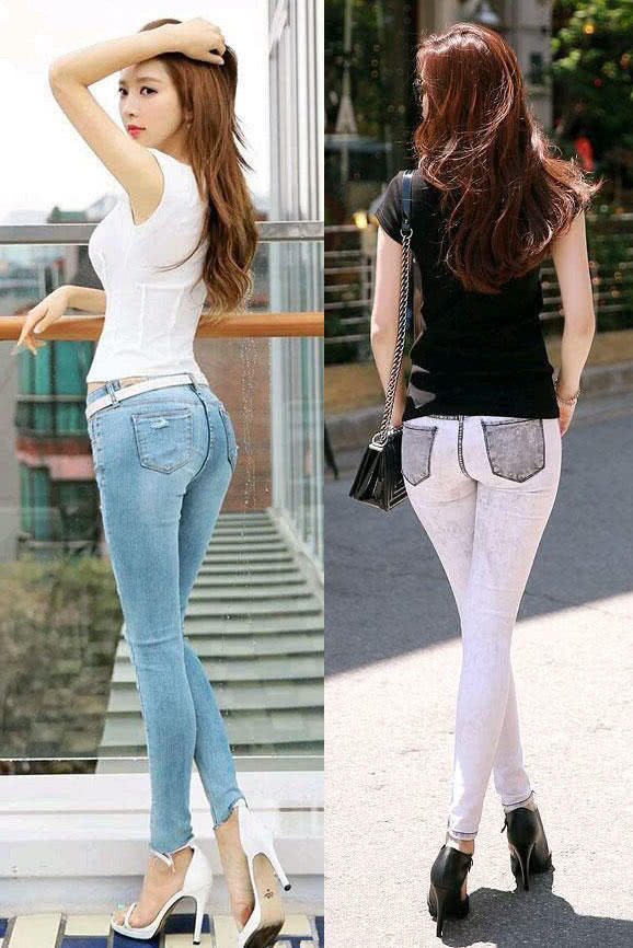 街拍紧身牛仔裤小姐姐，娇美玲珑的身材圆润紧翘，美腰纤细一只手