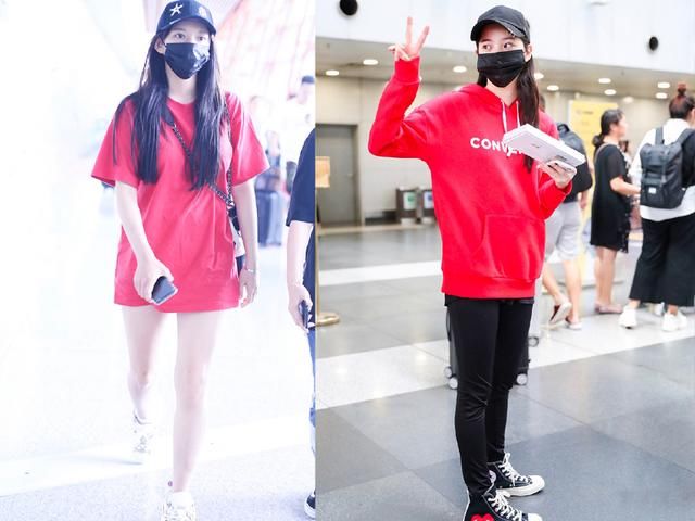 18岁欧阳娜娜与20岁程潇，穿红衣走机场，一个清纯一个性感！