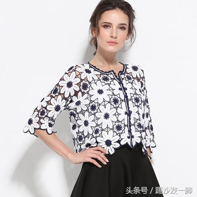 手工编织美极了欧美风镂空拼色宽松钩花小外套