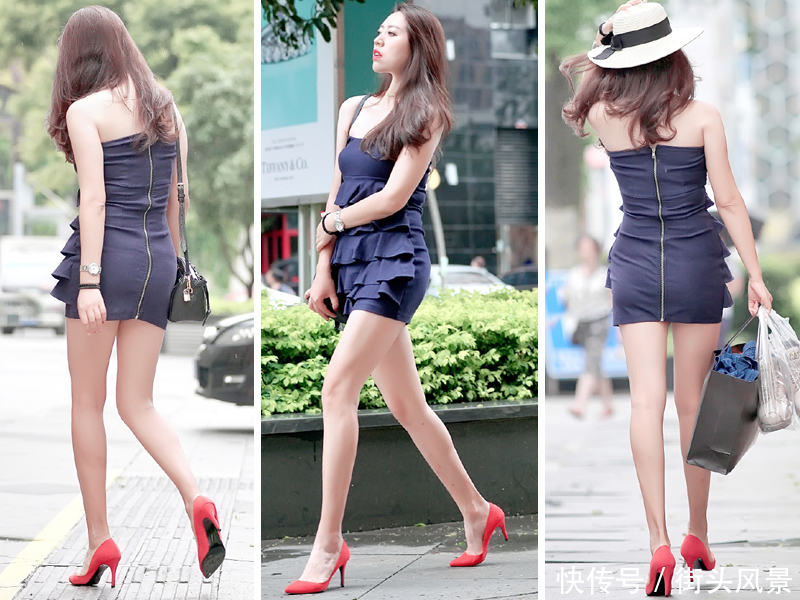 婀娜多姿的美女，身穿抹胸连衣短裙，一双美腿真心是太修长！