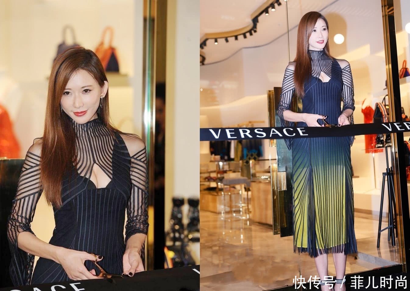 林志玲穿3D版条纹连衣裙，中间还露了个洞，网友：好身材藏不住