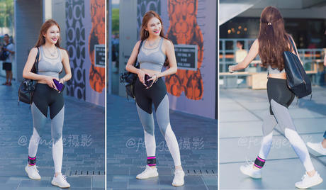 街拍: 穿紧身瑜伽裤的小美女, 身材真棒, 好像还是个小明星呢
