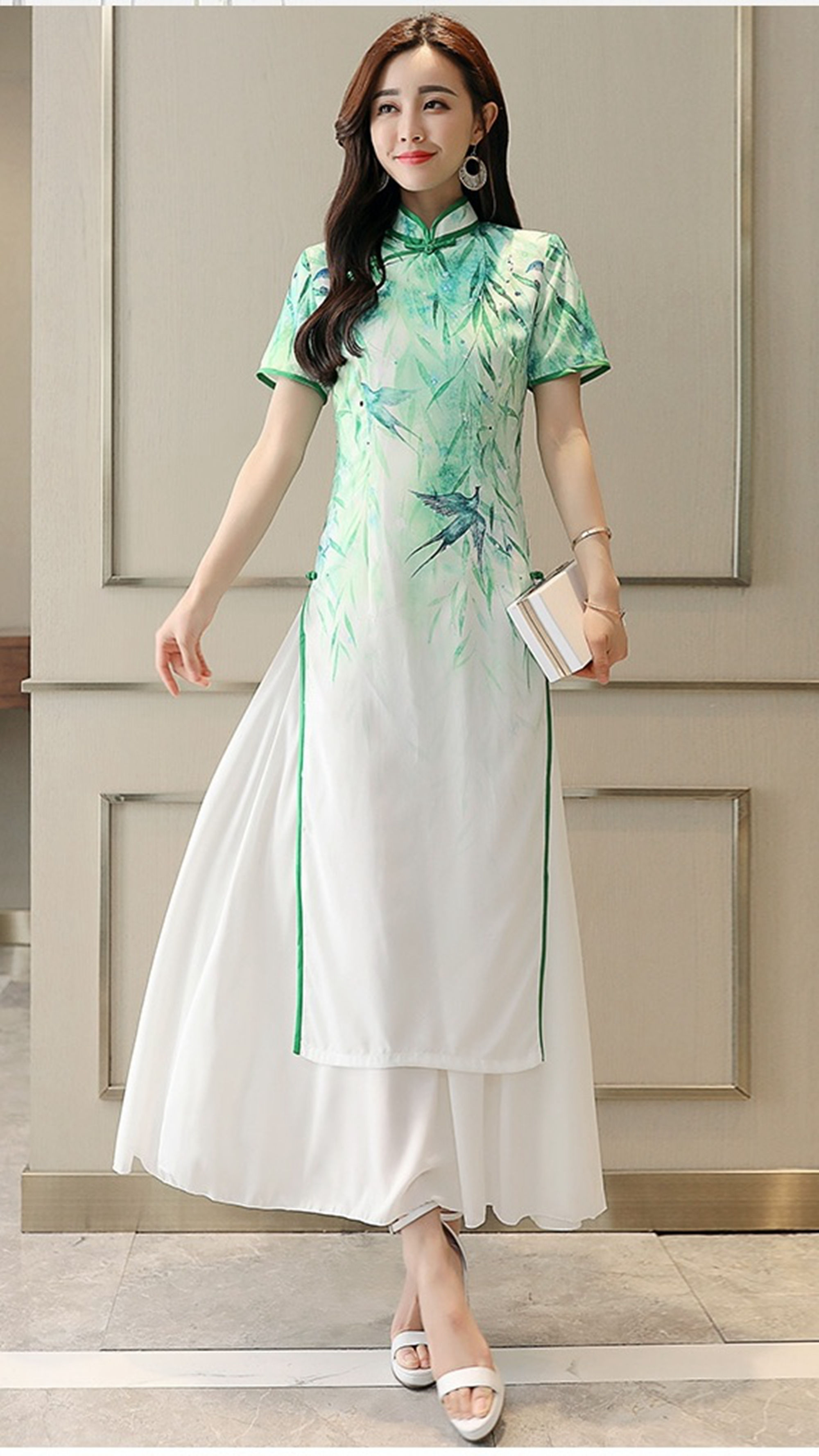 小巧玲珑身材适合穿这款改良旗袍连衣裙,高腰短袖长裙,简约舒适