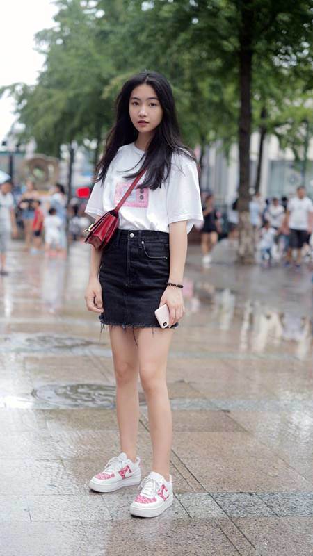 路人街拍：一对性感的姐妹花，黄色吊带衫和牛仔短裤一样诱惑