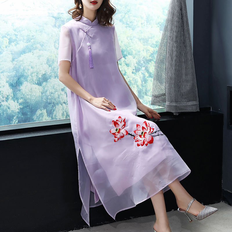 比旗袍还高级的中国风欧根纱连衣裙,优雅唯美,适合微胖70女人