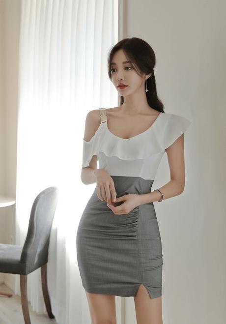 时尚美女：孙允凝雪荷叶微褶低胸包臀裙