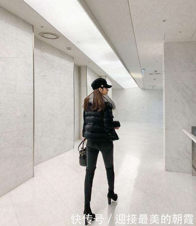 夹克:孙允珠机车毛领夹克外套配纯黑宽跟长筒靴,街头的时尚酷姐
