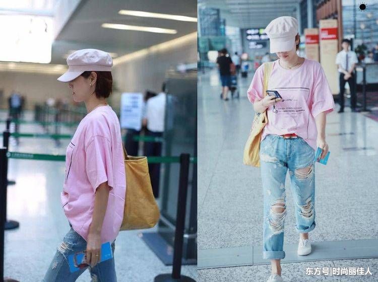 马伊琍终于开窍了!粉色T恤配破洞牛仔裤，这么少女哪像42岁啊