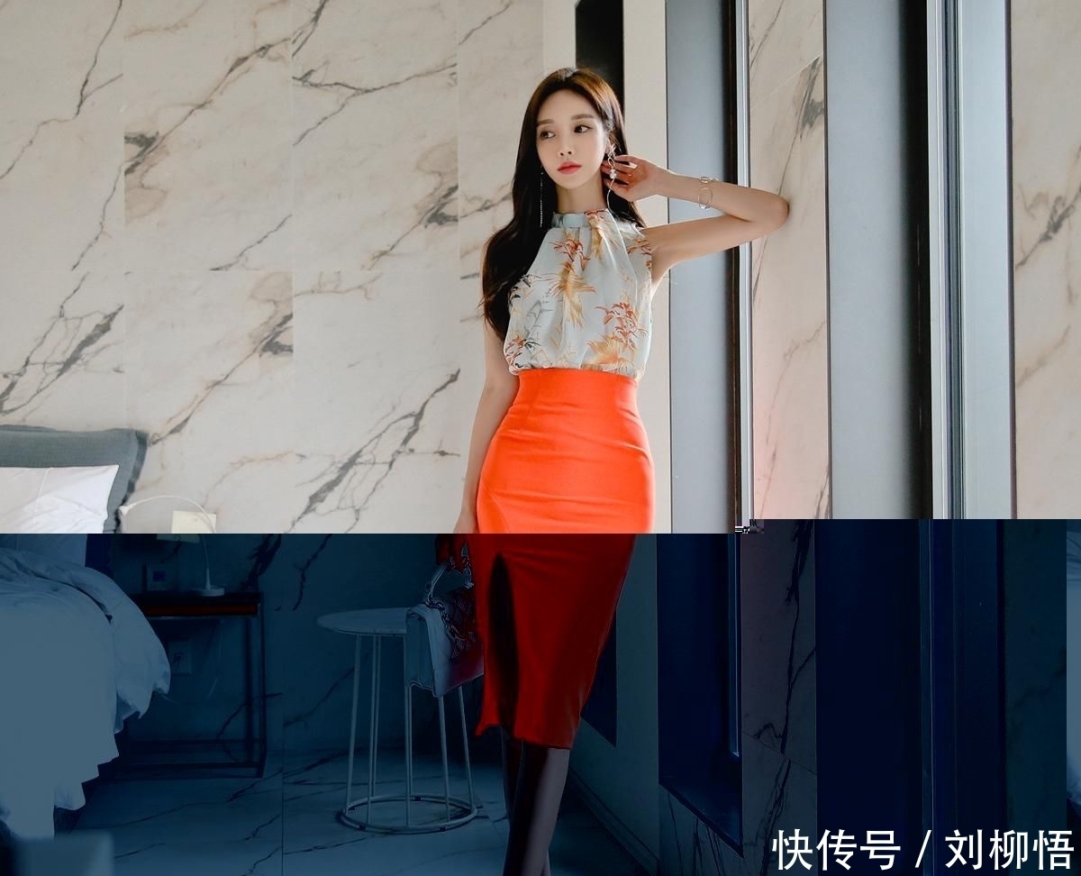 洒落|无袖雪纺衫搭配橘红色鱼尾裙,朱砂配暖阳,像洒落的枫叶美不胜收