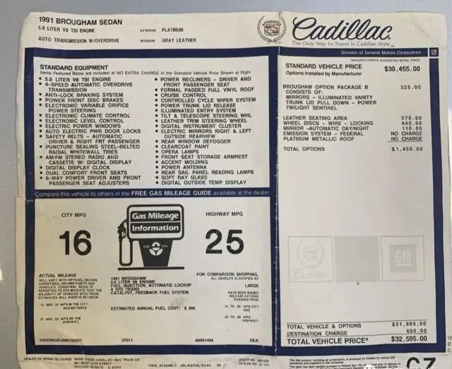  汽车制造：一张1991年的凯迪拉克 Brougham价格单